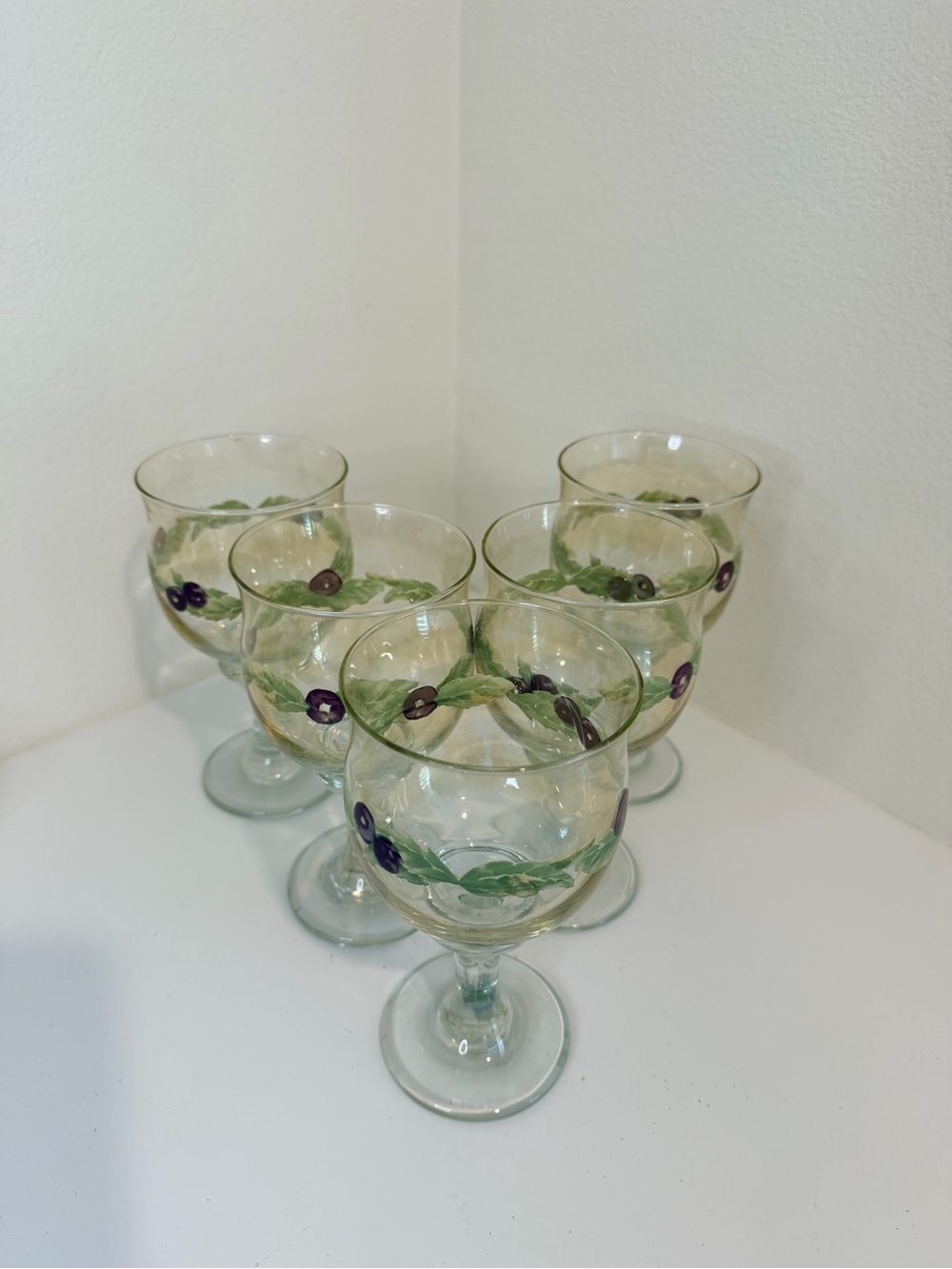Vintage Hand-Painted Olive Motif Stemmed Goblets - Set of 5, Green and Purple